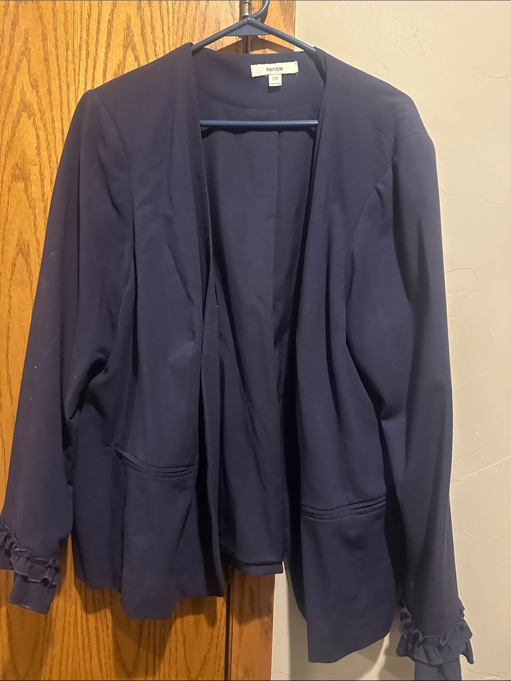Kensie Navy Open-Front Ruffle-Cuff Blazer